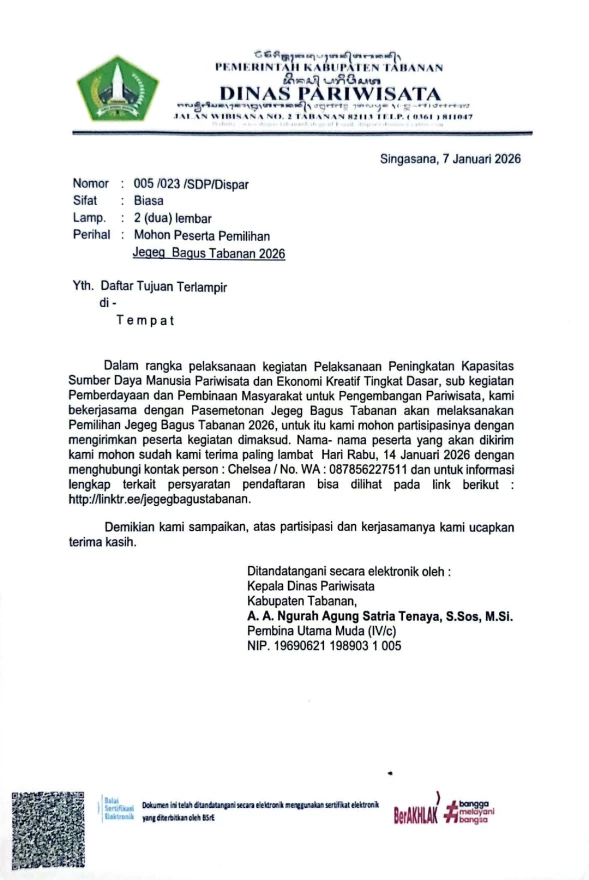 Dalam rangka pelaksanaan kegiatan Peningkatan Kapasitas Sumber Daya Manusia Pariwisata dan Ekonomi Kreatif Dasar.